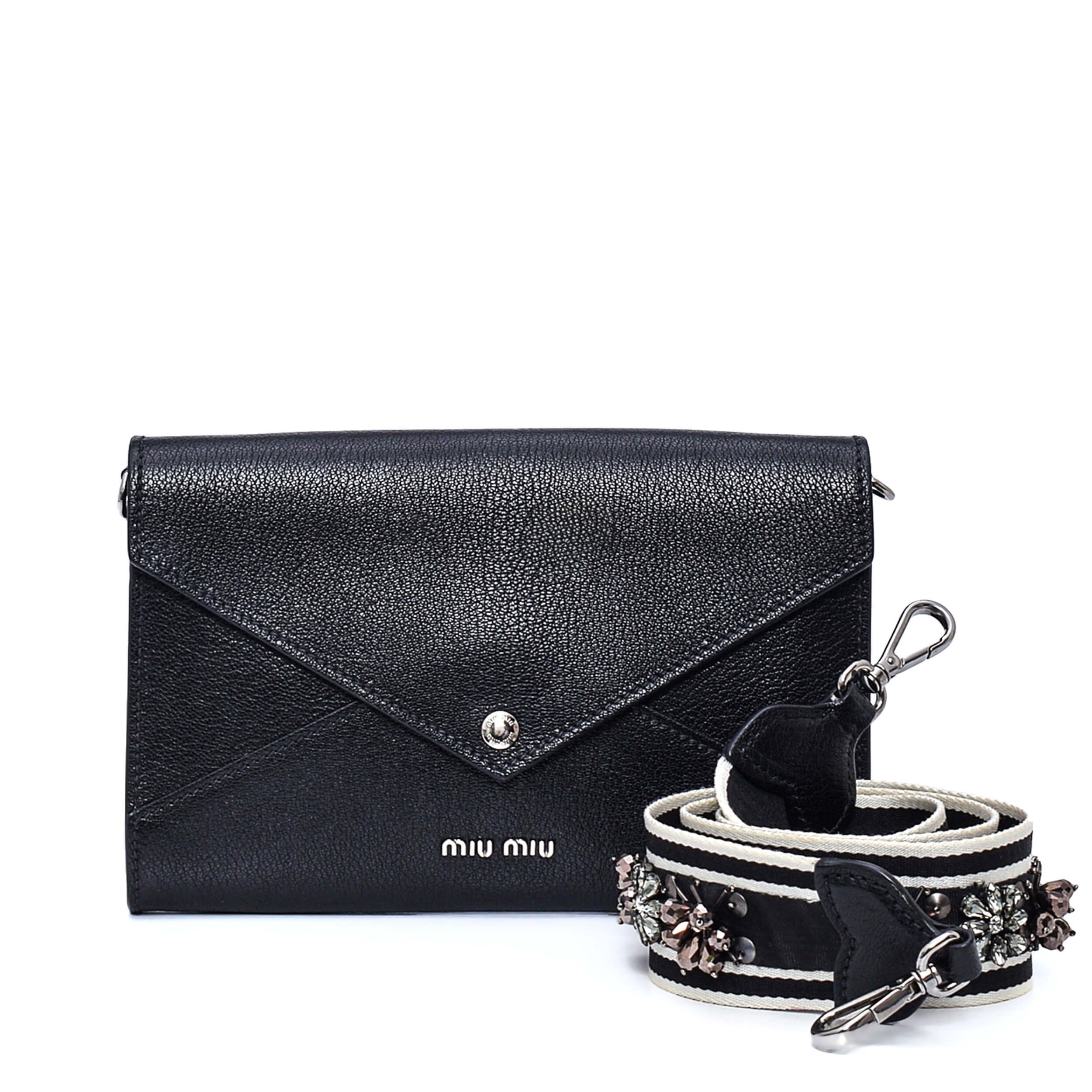 Miu Miu - Black Grained Leather Envelope Clutch with Floral Rhinestone Strap